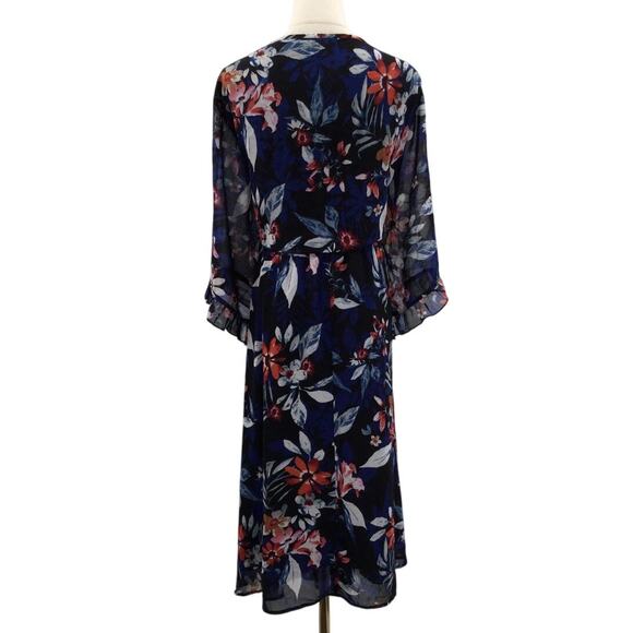 BLOOMCHIC 26 4X Plus Chiffon Tropical Print Surplice Neck Midi Dress B77 - Picture 3 of 10